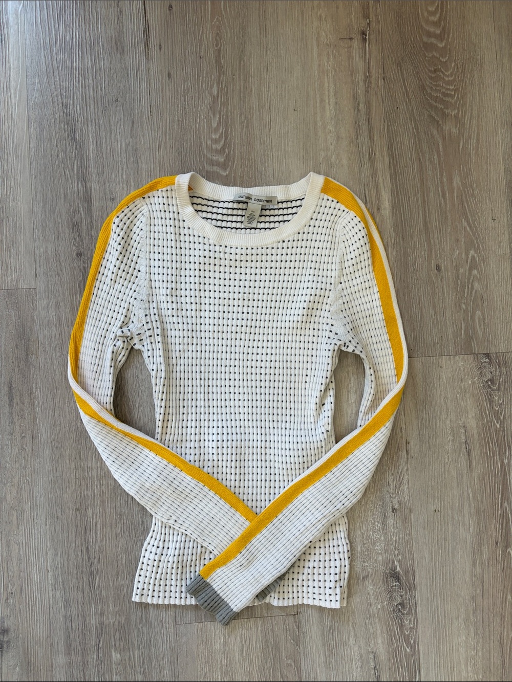 Women's White Knit Sweater with Yellow Stripe